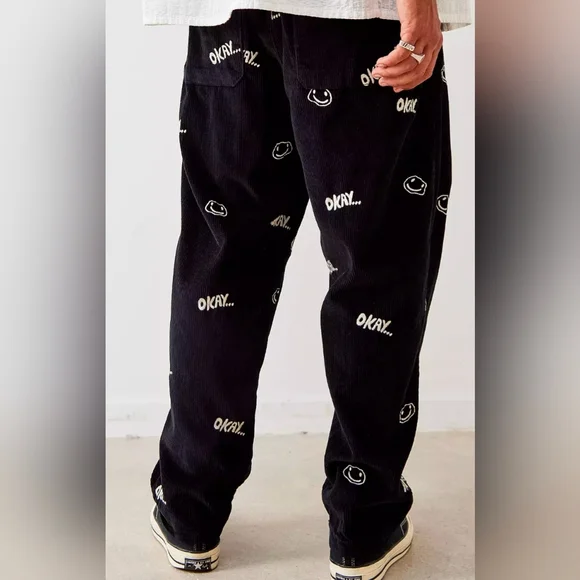 UO Smiley Faces Embroidered Corduroy Black Pants Unisex Size Small NWOT - Picture 2 of 12